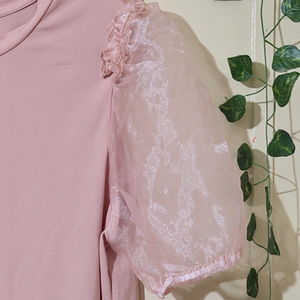 Light Pink Puff Sleeve Tee with Sheer Organza Sleeves - Picture 2 of 6